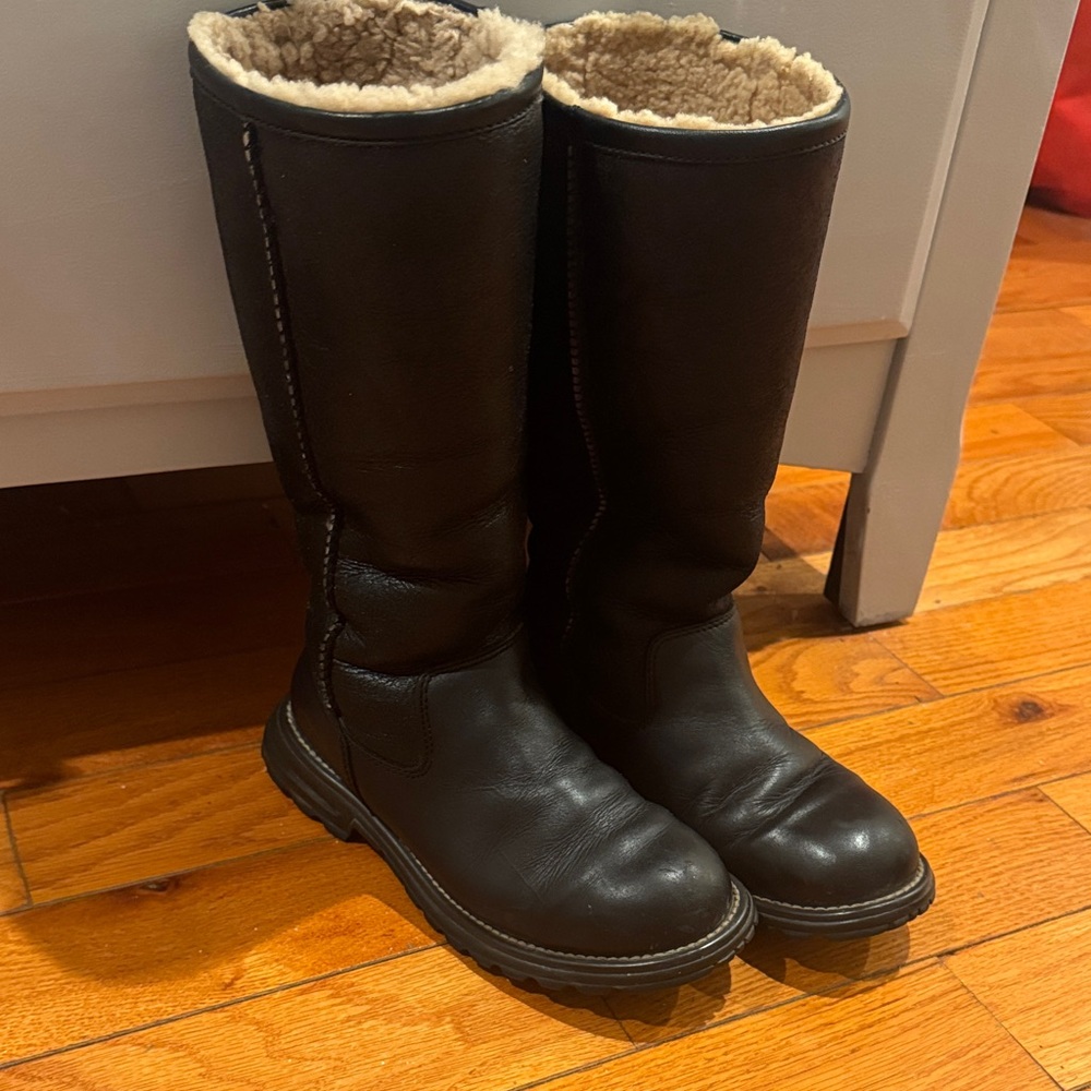 Ugg Leather Black Knee-High Boots with Cream Lining